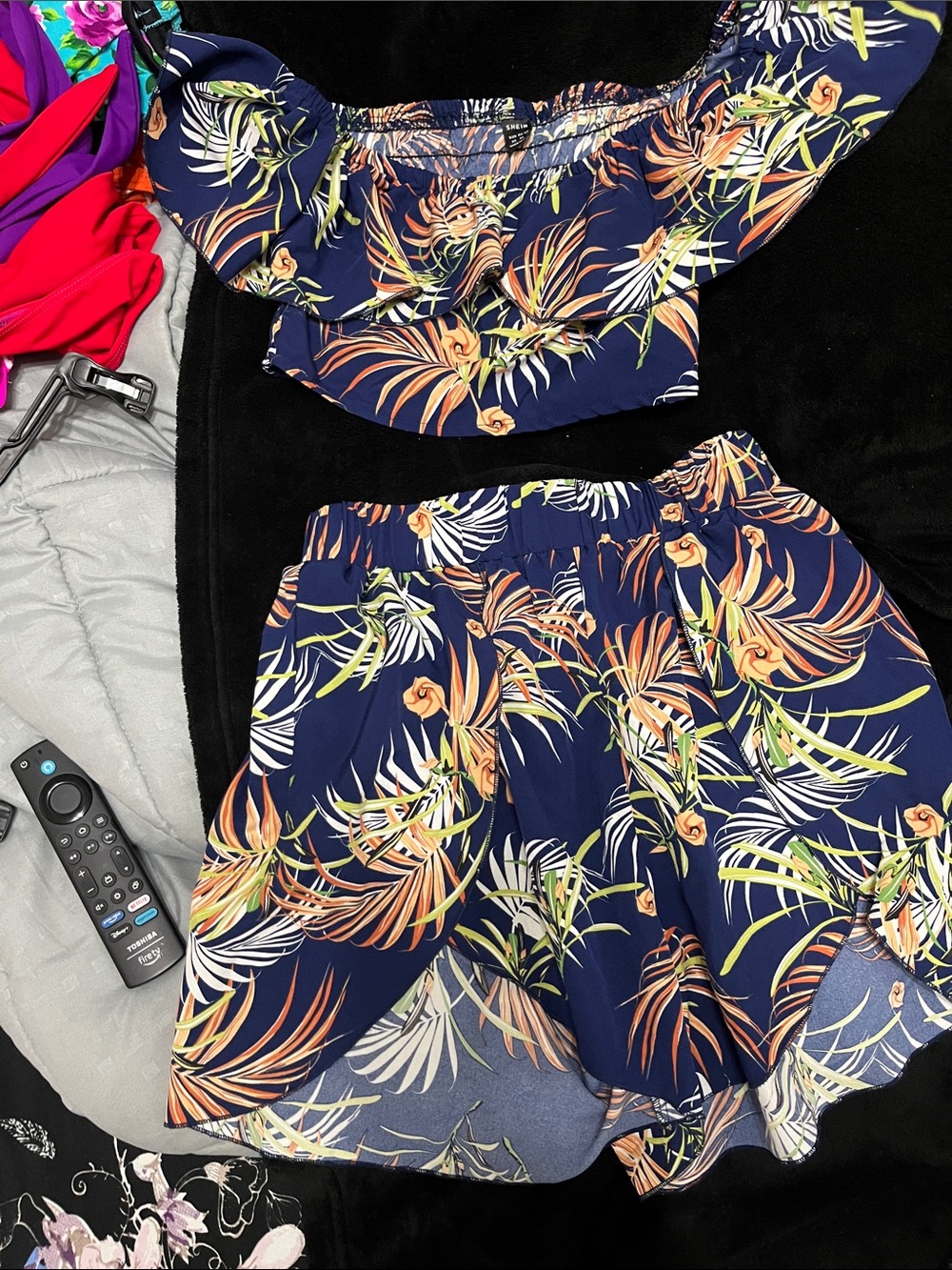 SHEIN Navy Tropical Floral Two-Piece Skirt Set